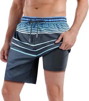 QRANSS Mens Swim Trunks with Compression Lined 7'' Swim Shorts Quick Dry Swimwear Boardshorts with Boxer Brief Liner