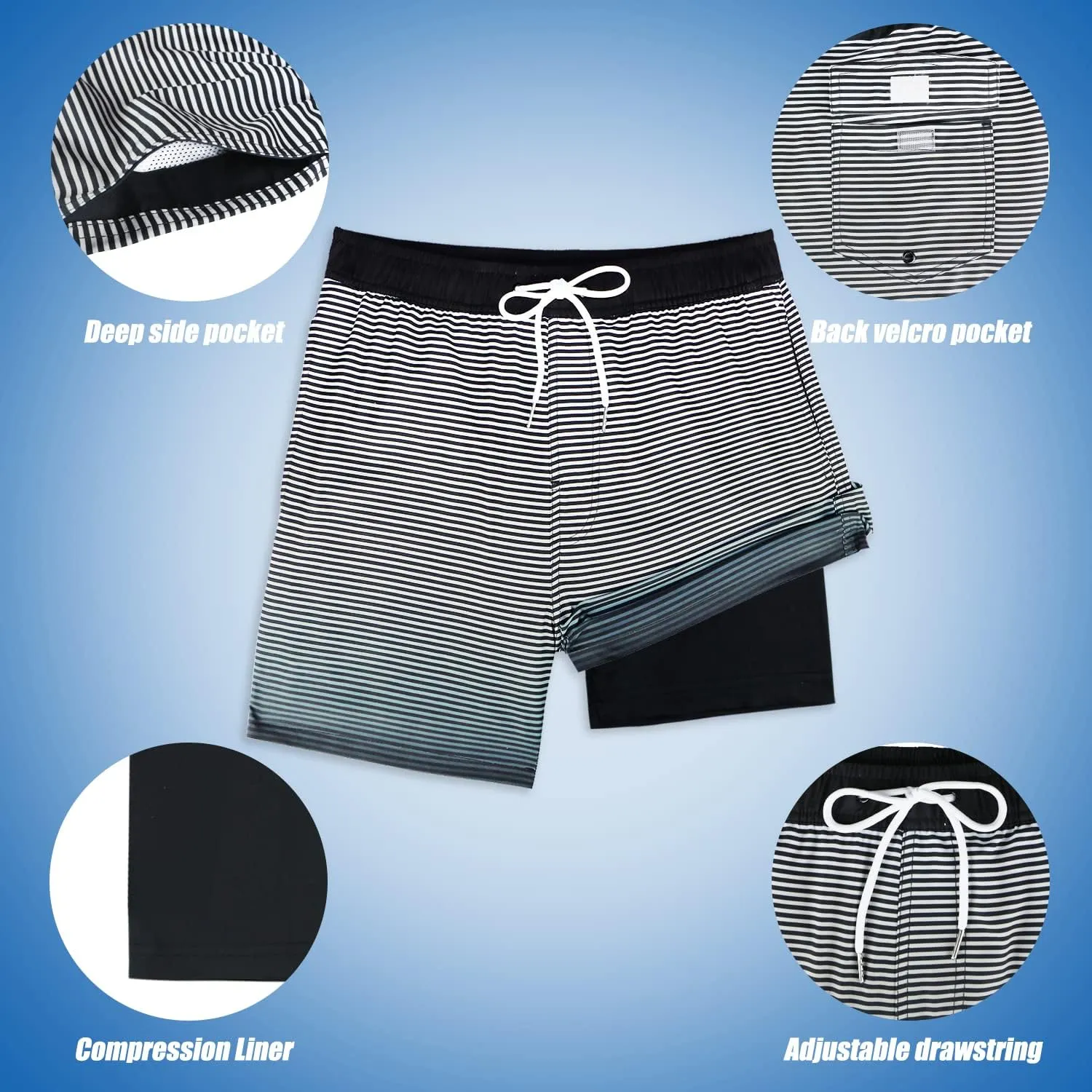 QRANSS Mens Swim Trunks with Compression Lined 7'' Swim Shorts Quick Dry Swimwear Boardshorts with Boxer Brief Liner