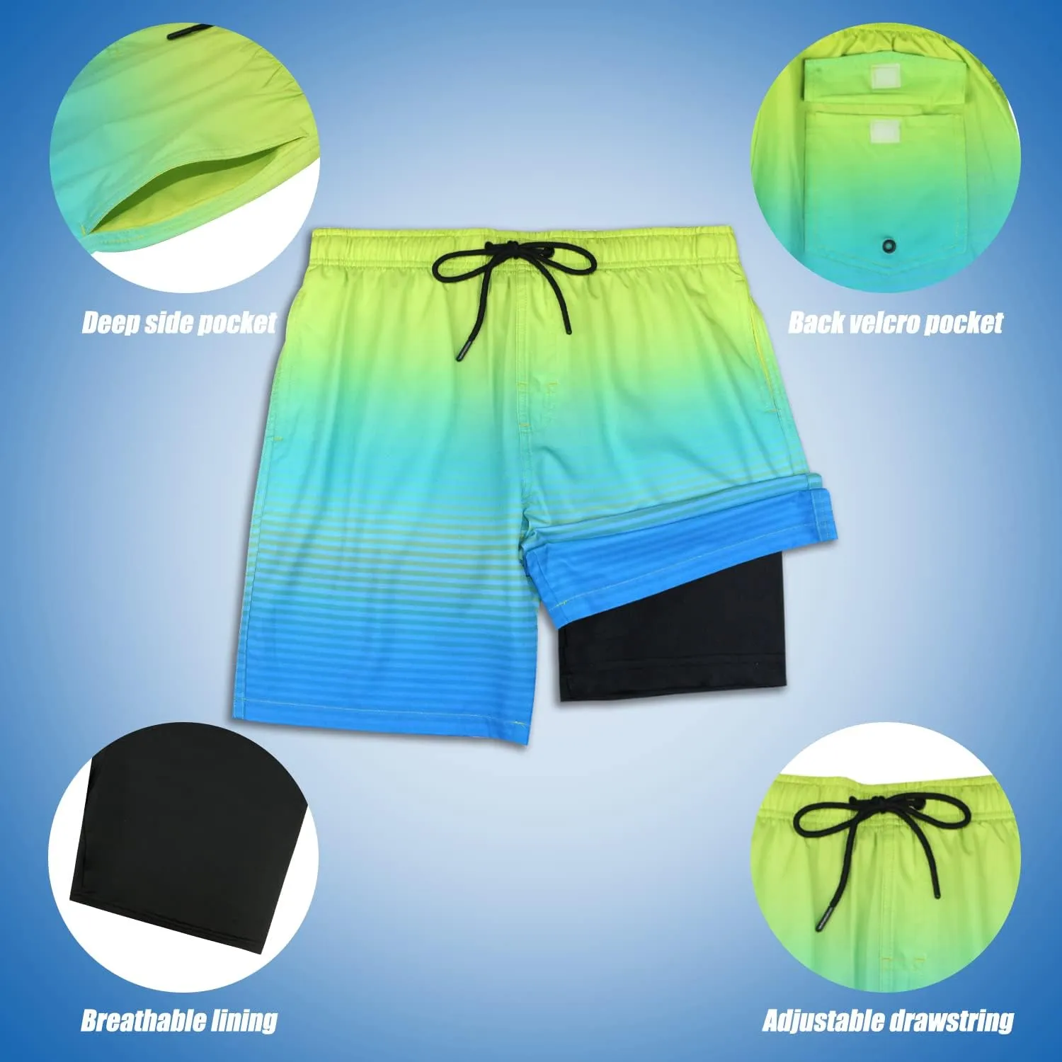 QRANSS Mens Swimming Trunks with Compression Liner 9'' Quick Dry Long Swim Shorts Swimwear Boardshorts with Boxer Brief Liner