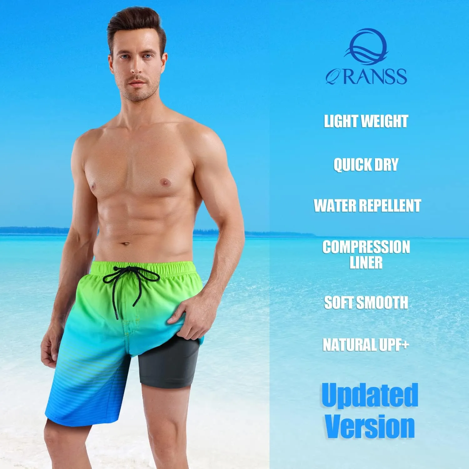 QRANSS Mens Swimming Trunks with Compression Liner 9'' Quick Dry Long Swim Shorts Swimwear Boardshorts with Boxer Brief Liner