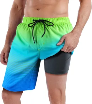 QRANSS Mens Swimming Trunks with Compression Liner 9'' Quick Dry Long Swim Shorts Swimwear Boardshorts with Boxer Brief Liner