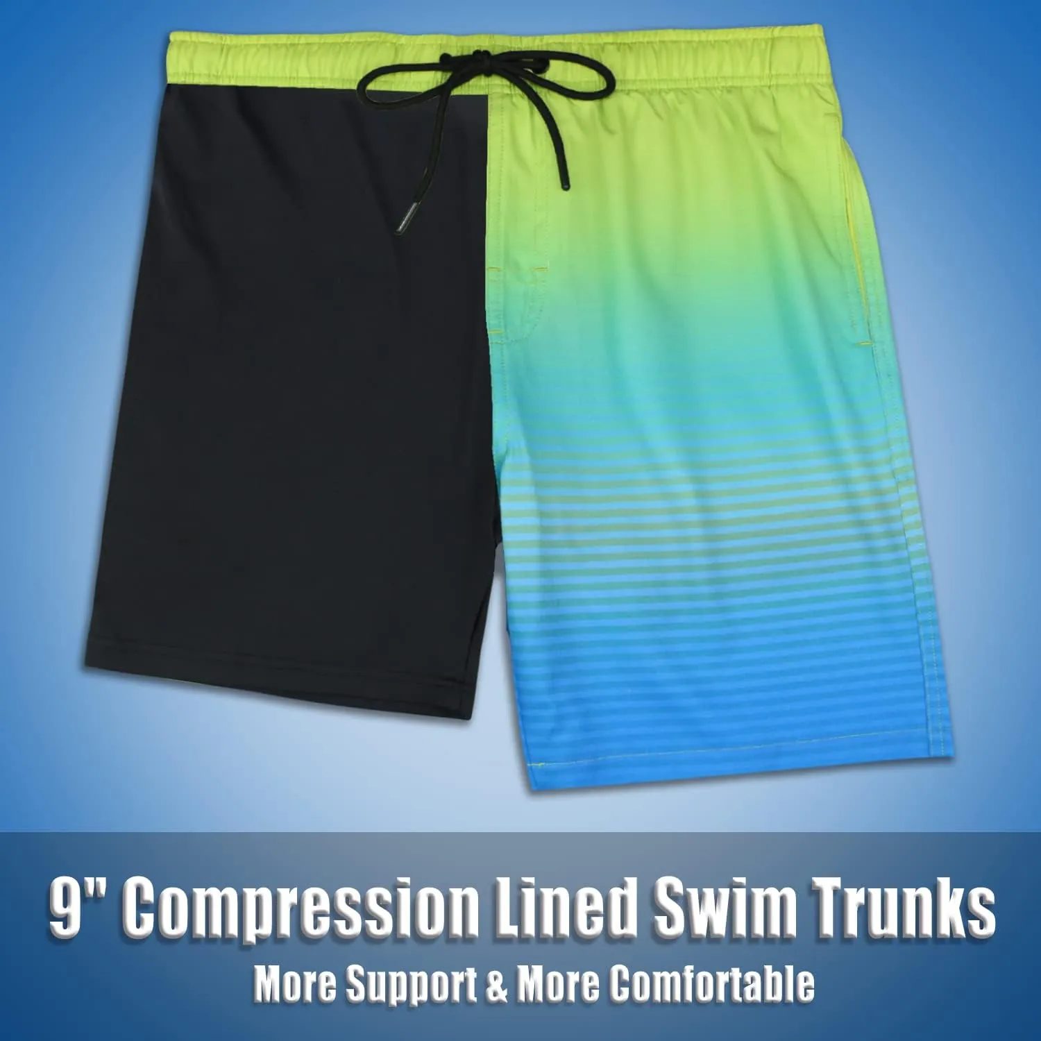 QRANSS Mens Swimming Trunks with Compression Liner 9'' Quick Dry Long Swim Shorts Swimwear Boardshorts with Boxer Brief Liner
