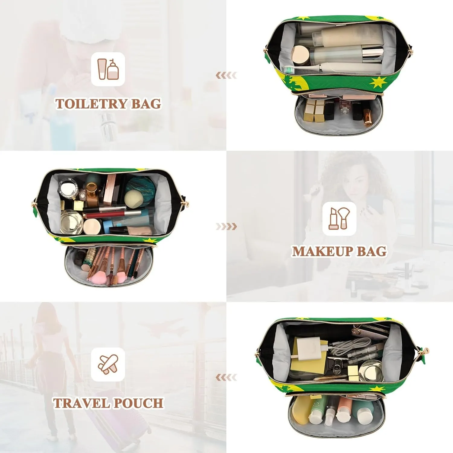 Quilted Cosmetics Bag with 9-Piece Accessory Set, Cocos Keeling Islands Flag Travel Toiletry Bag Makeup Cosmetic Bags Toiletry Bag Makeup Pouch Cosmetics Pouch Makeup Bag