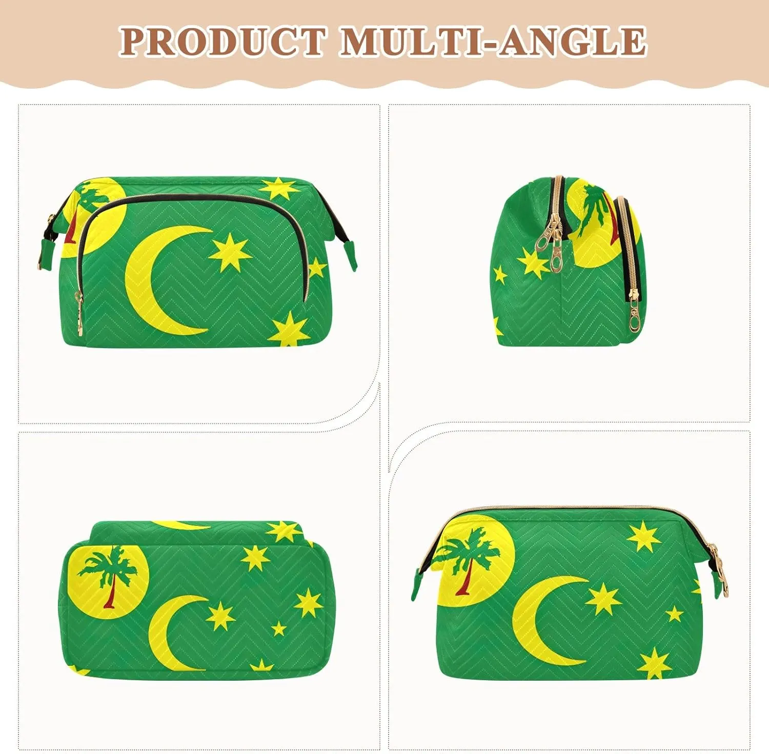Quilted Cosmetics Bag with 9-Piece Accessory Set, Cocos Keeling Islands Flag Travel Toiletry Bag Makeup Cosmetic Bags Toiletry Bag Makeup Pouch Cosmetics Pouch Makeup Bag