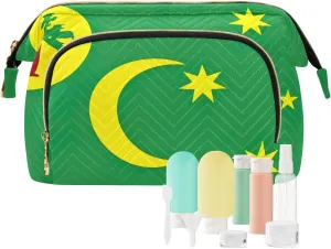 Quilted Cosmetics Bag with 9-Piece Accessory Set, Cocos Keeling Islands Flag Travel Toiletry Bag Makeup Cosmetic Bags Toiletry Bag Makeup Pouch Cosmetics Pouch Makeup Bag