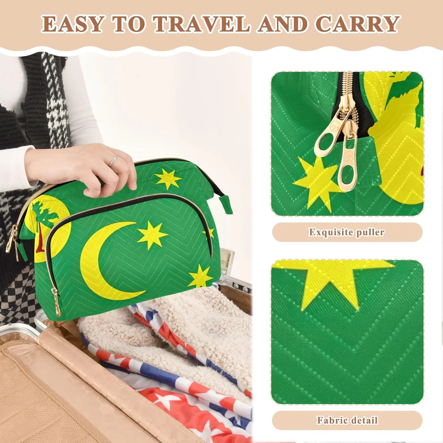 Quilted Cosmetics Bag with 9-Piece Accessory Set, Cocos Keeling Islands Flag Travel Toiletry Bag Makeup Cosmetic Bags Toiletry Bag Makeup Pouch Cosmetics Pouch Makeup Bag