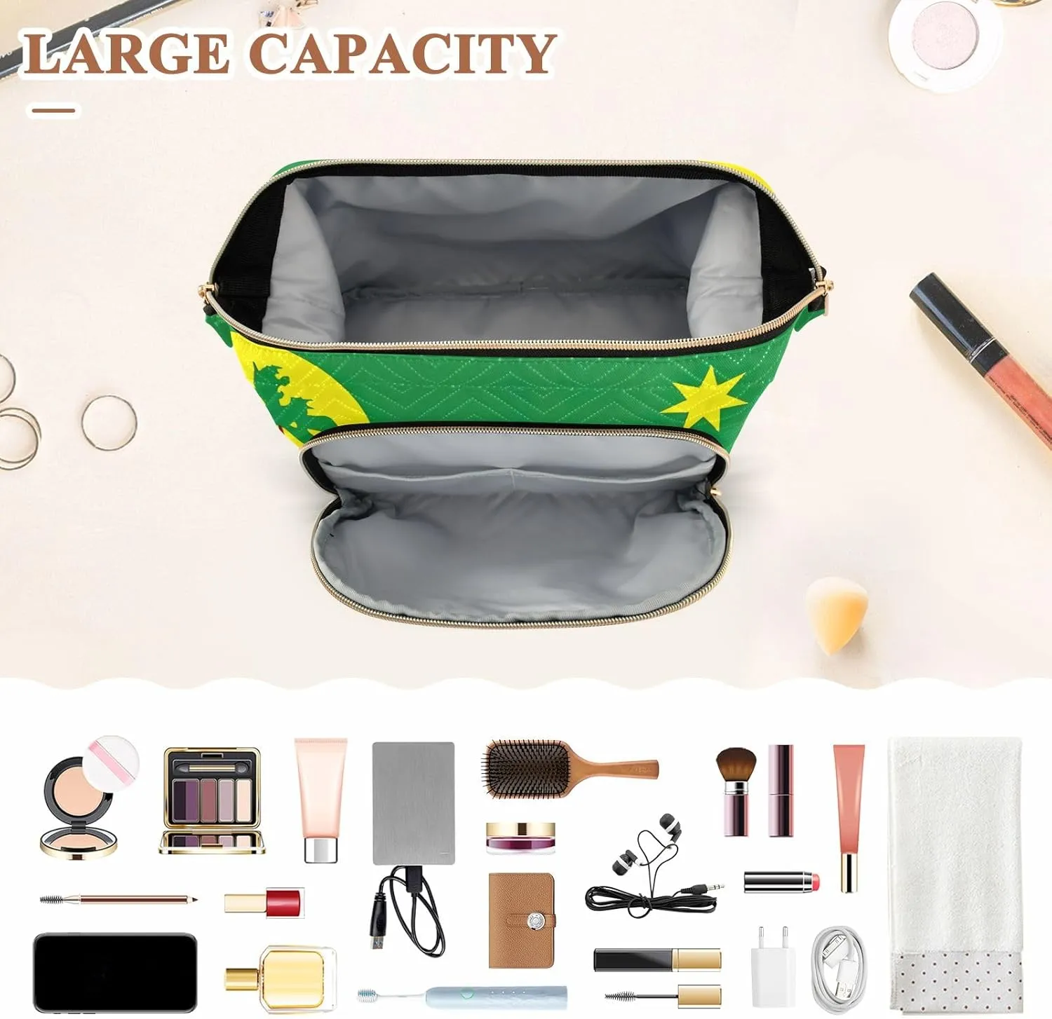 Quilted Cosmetics Bag with 9-Piece Accessory Set, Cocos Keeling Islands Flag Travel Toiletry Bag Makeup Cosmetic Bags Toiletry Bag Makeup Pouch Cosmetics Pouch Makeup Bag