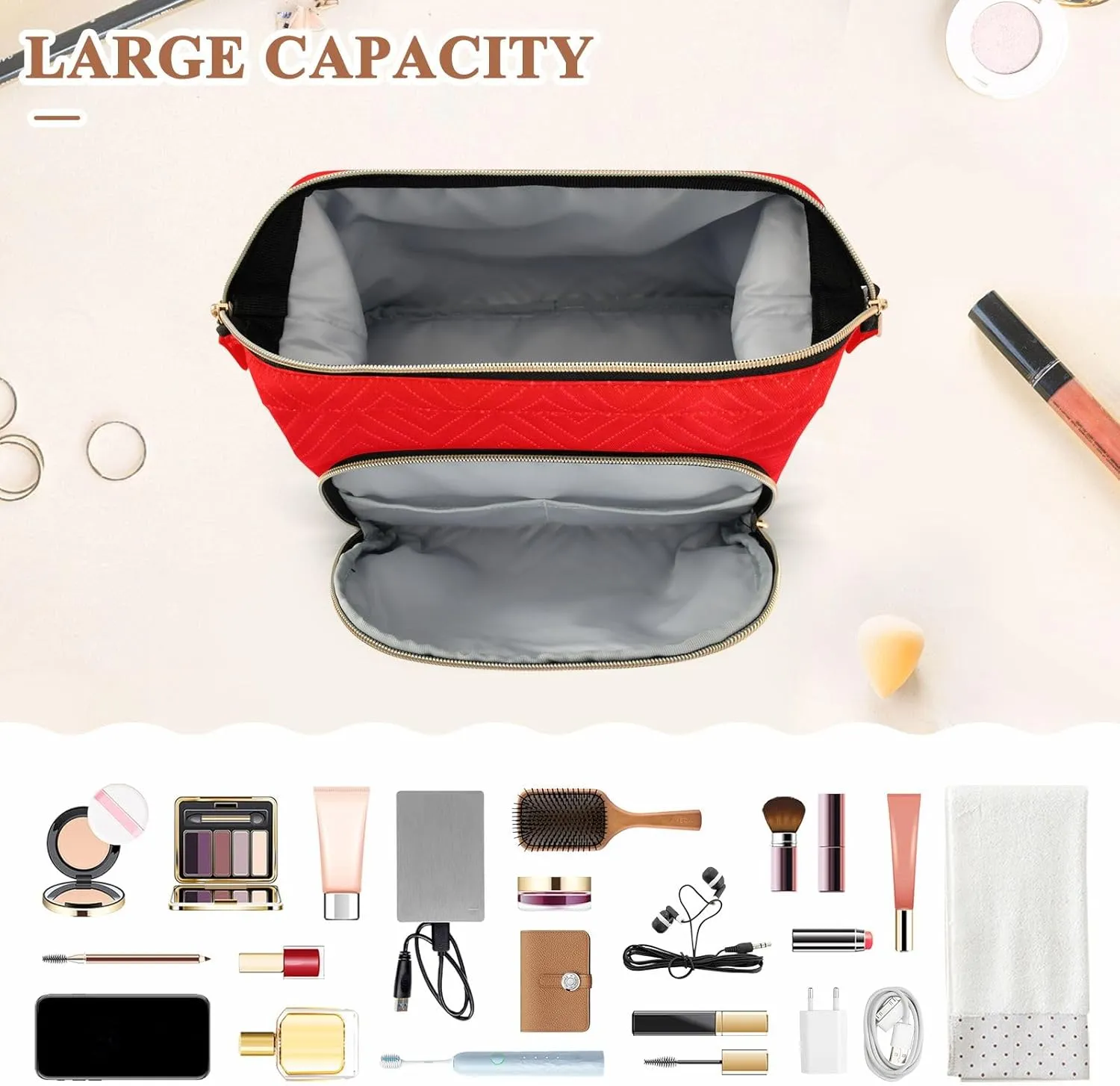 Quilted Makeup Bag Set with 9-Piece Accessory Set, Indonesia Flag Travel Cosmetic Organizer Toiletry Bag Travel Cosmetics Bags Women Large Capacity Makeup Organizer