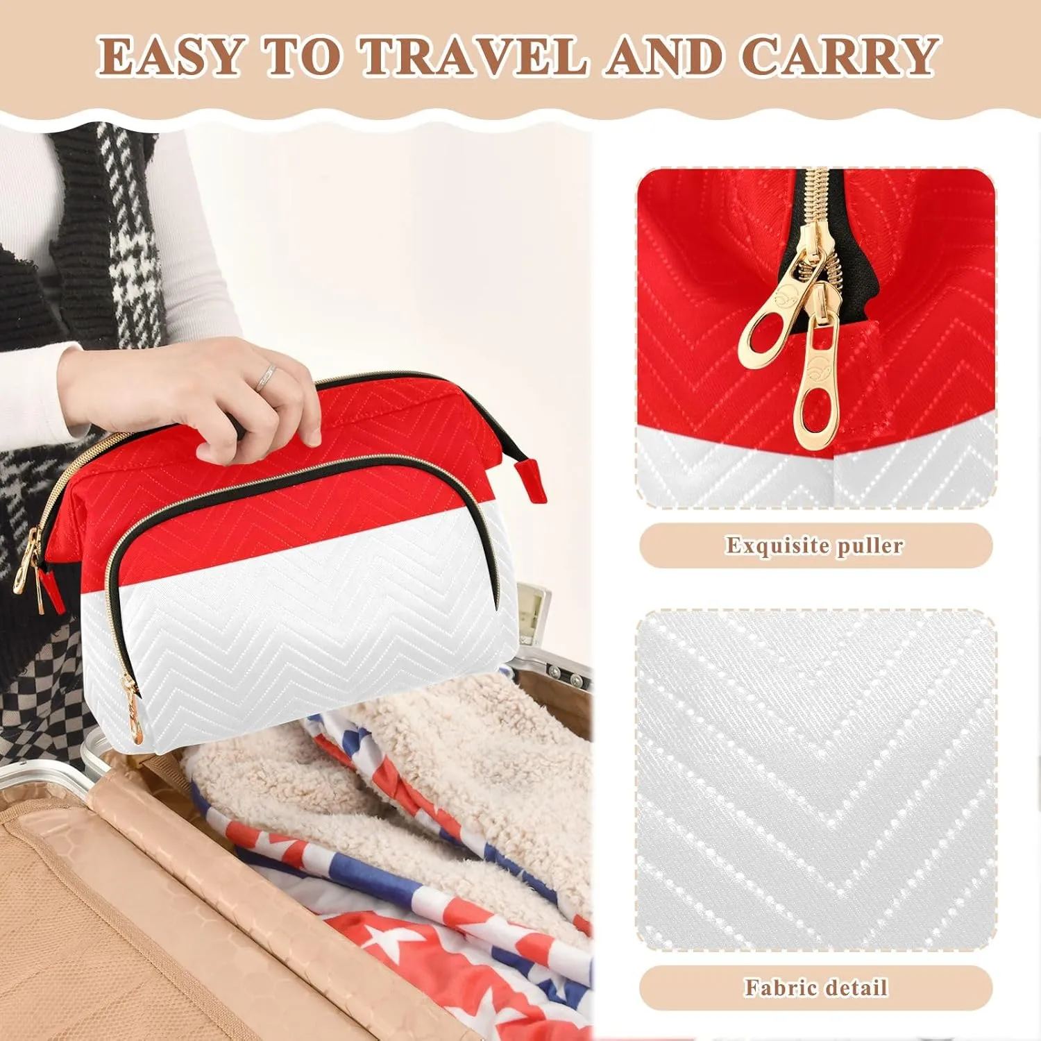 Quilted Makeup Bag Set with 9-Piece Accessory Set, Indonesia Flag Travel Cosmetic Organizer Toiletry Bag Travel Cosmetics Bags Women Large Capacity Makeup Organizer