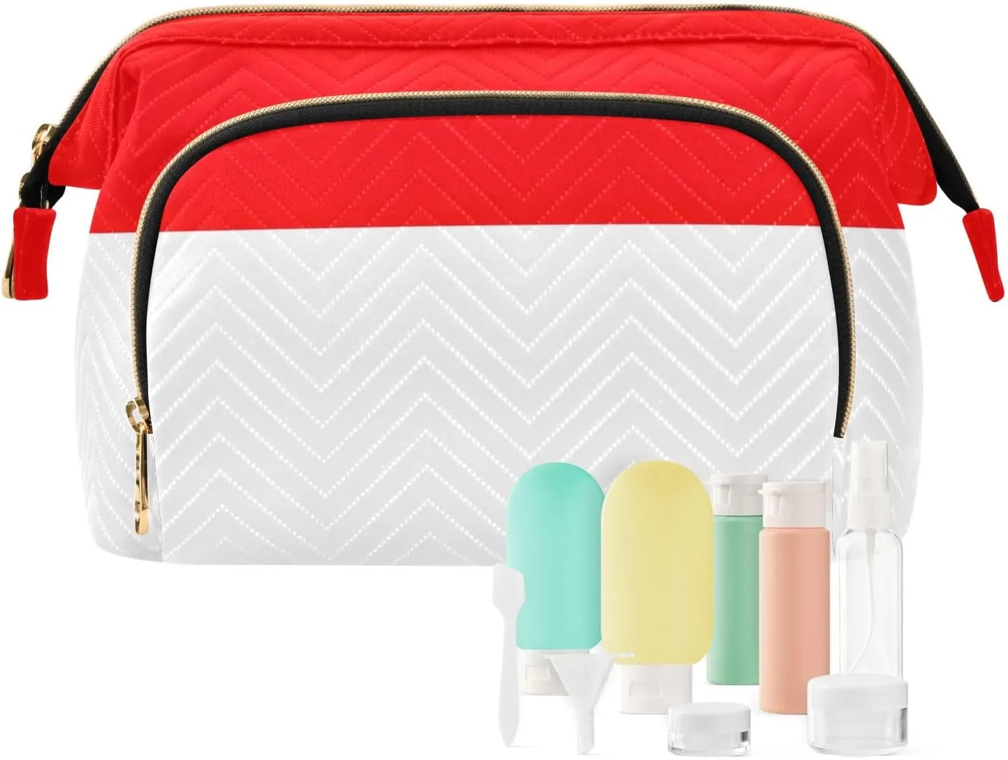 Quilted Makeup Bag Set with 9-Piece Accessory Set, Indonesia Flag Travel Cosmetic Organizer Toiletry Bag Travel Cosmetics Bags Women Large Capacity Makeup Organizer