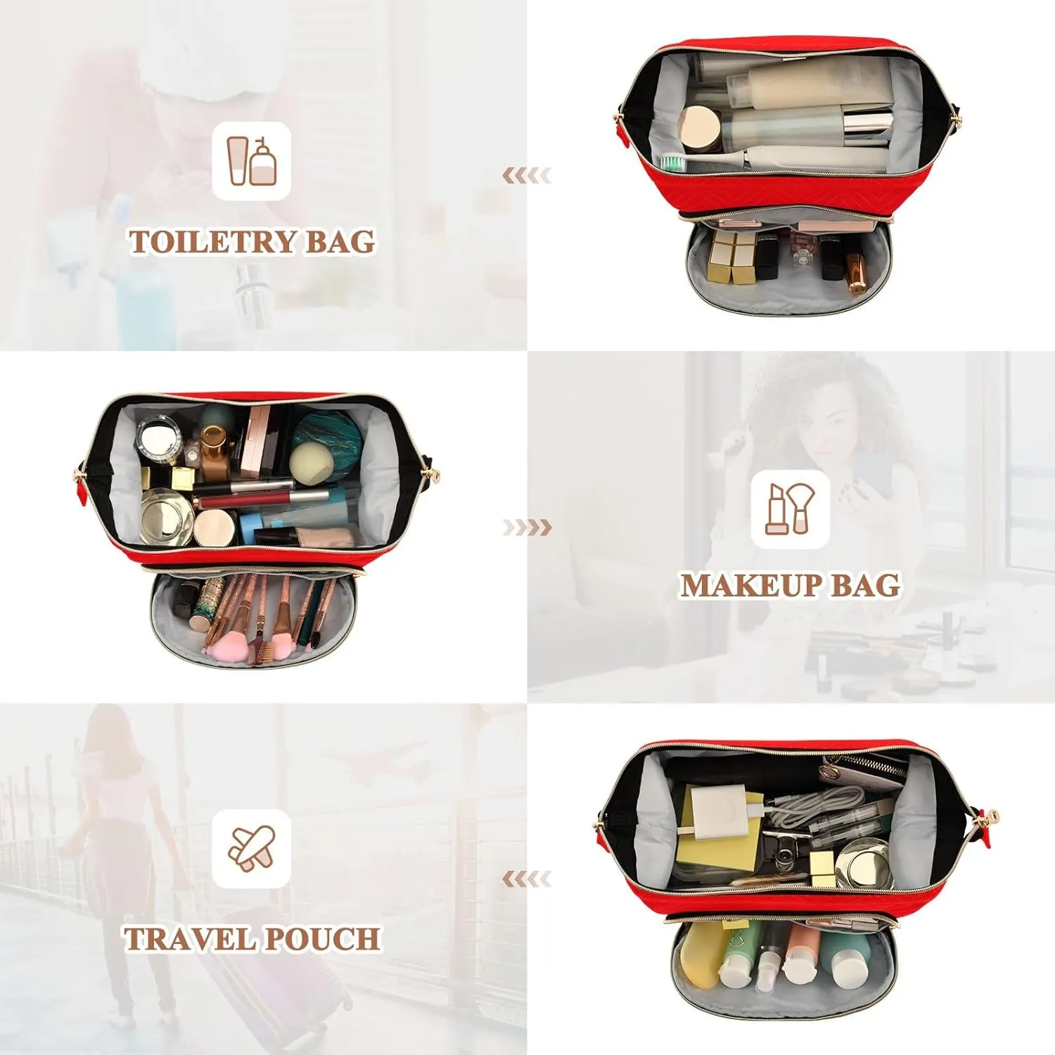 Quilted Makeup Bag Set with 9-Piece Accessory Set, Indonesia Flag Travel Cosmetic Organizer Toiletry Bag Travel Cosmetics Bags Women Large Capacity Makeup Organizer