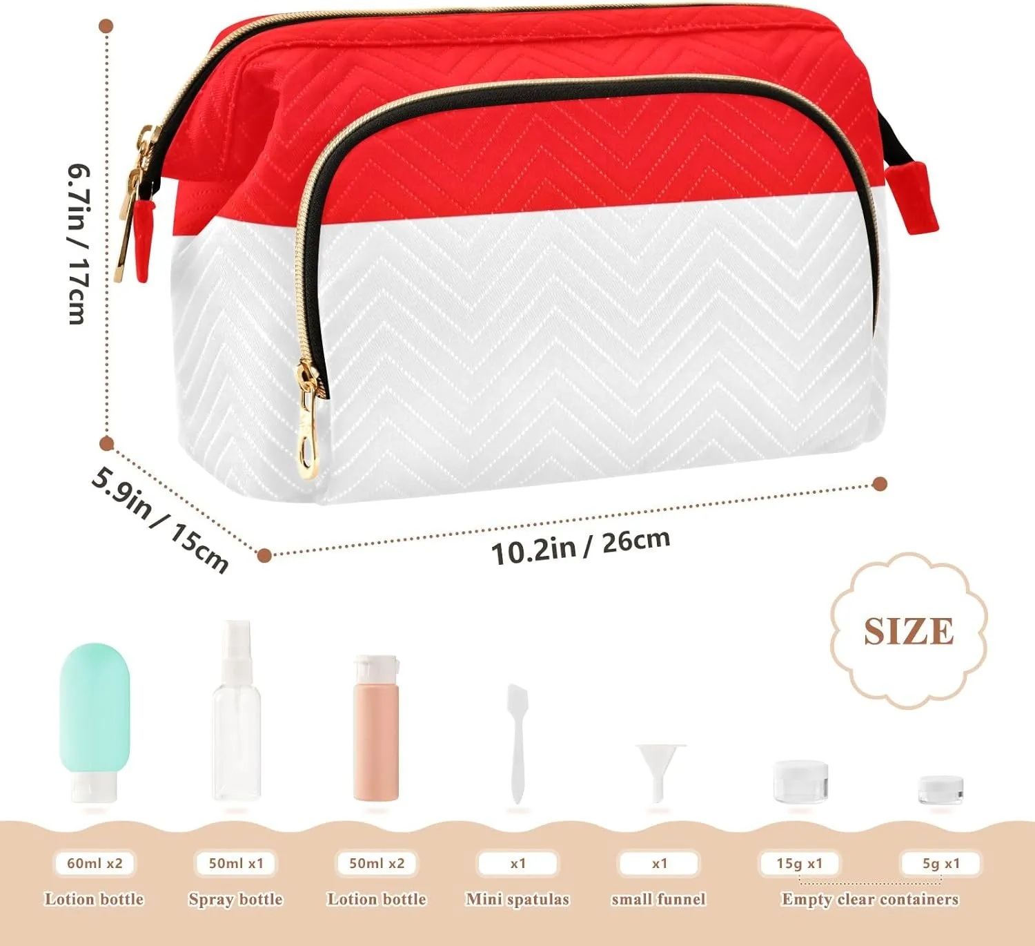 Quilted Makeup Bag Set with 9-Piece Accessory Set, Indonesia Flag Travel Cosmetic Organizer Toiletry Bag Travel Cosmetics Bags Women Large Capacity Makeup Organizer