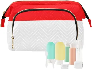Quilted Makeup Bag Set with 9-Piece Accessory Set, Indonesia Flag Travel Cosmetic Organizer Toiletry Bag Travel Cosmetics Bags Women Large Capacity Makeup Organizer