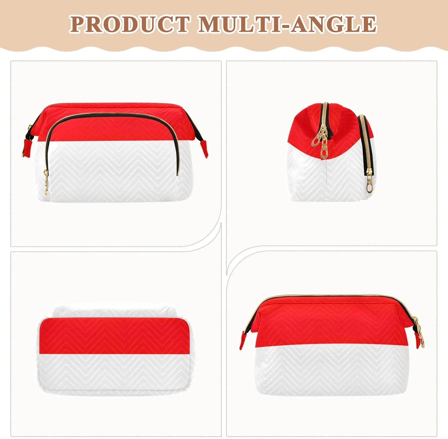 Quilted Makeup Bag Set with 9-Piece Accessory Set, Indonesia Flag Travel Cosmetic Organizer Toiletry Bag Travel Cosmetics Bags Women Large Capacity Makeup Organizer
