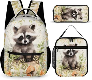 Raccoon Backpack with Lunch Box & Pencil Case, 16 Inch Cute Raccoons Themed Bookbag, Adjustable Lightweight Large Capacity, Colorful Daily Casual Animal Backpacks Set with Lunch Bag