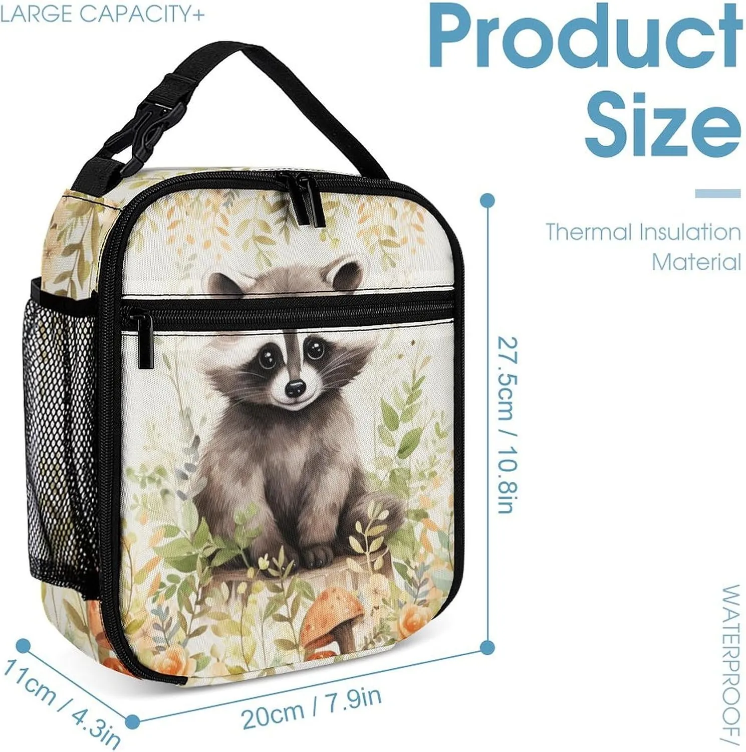 Raccoon Backpack with Lunch Box & Pencil Case, 16 Inch Cute Raccoons Themed Bookbag, Adjustable Lightweight Large Capacity, Colorful Daily Casual Animal Backpacks Set with Lunch Bag