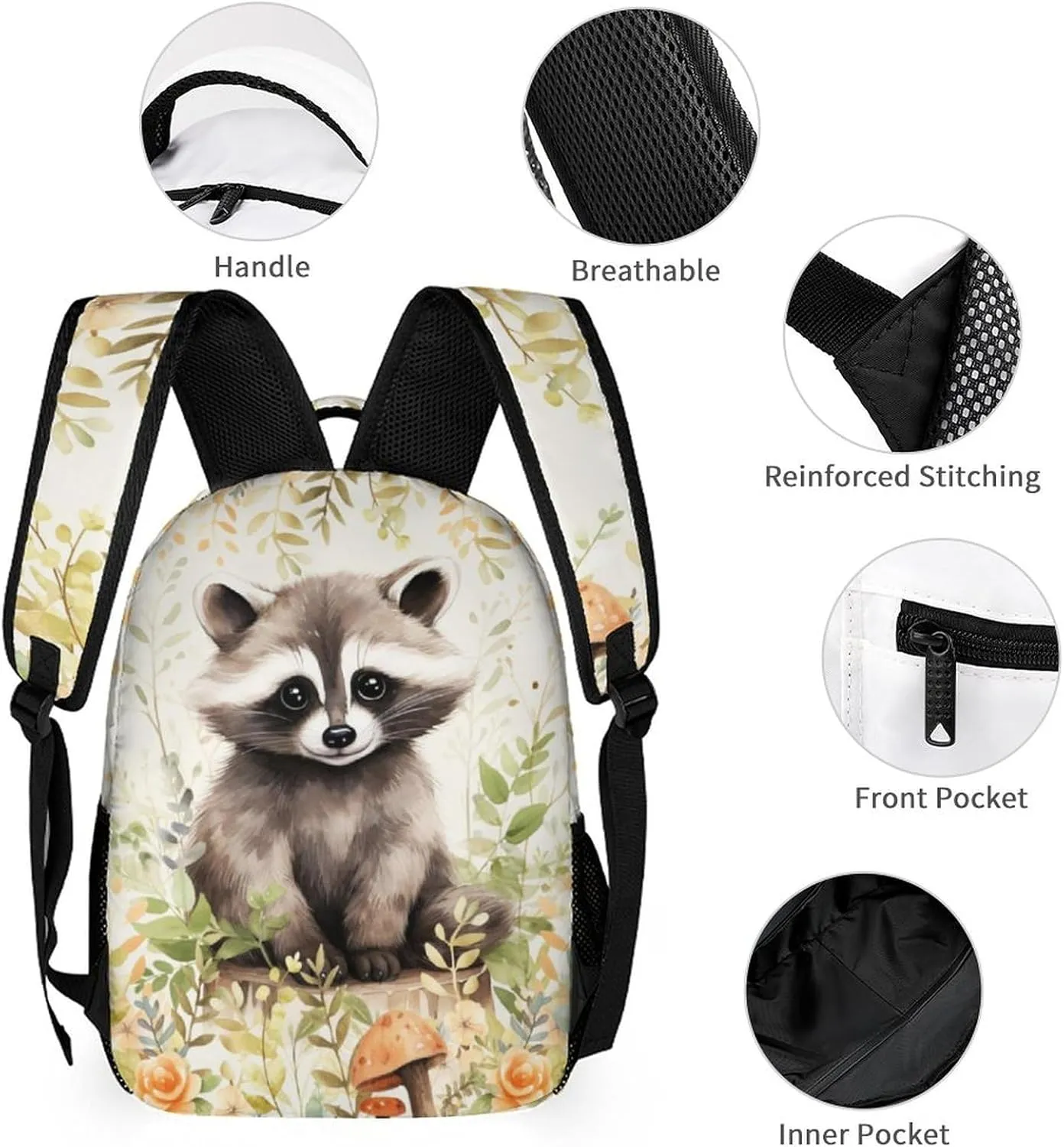 Raccoon Backpack with Lunch Box & Pencil Case, 16 Inch Cute Raccoons Themed Bookbag, Adjustable Lightweight Large Capacity, Colorful Daily Casual Animal Backpacks Set with Lunch Bag