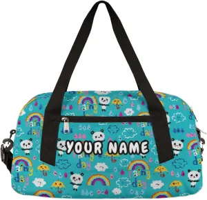 Rainbow Panda Bear Personalized Kids Duffel Bag for Girls Boys, Panda Debris Custom Name Dance Bag Overnight Small Duffel Bag Carry On Weekend Sports Travel Bag for School Practice Gymnastics Ballet