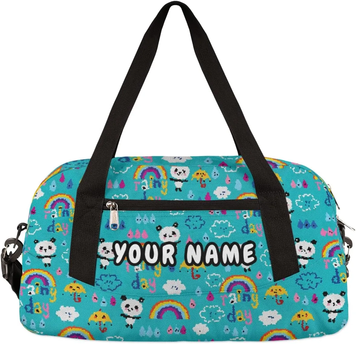 Rainbow Panda Bear Personalized Kids Duffel Bag for Girls Boys, Panda Debris Custom Name Dance Bag Overnight Small Duffel Bag Carry On Weekend Sports Travel Bag for School Practice Gymnastics Ballet