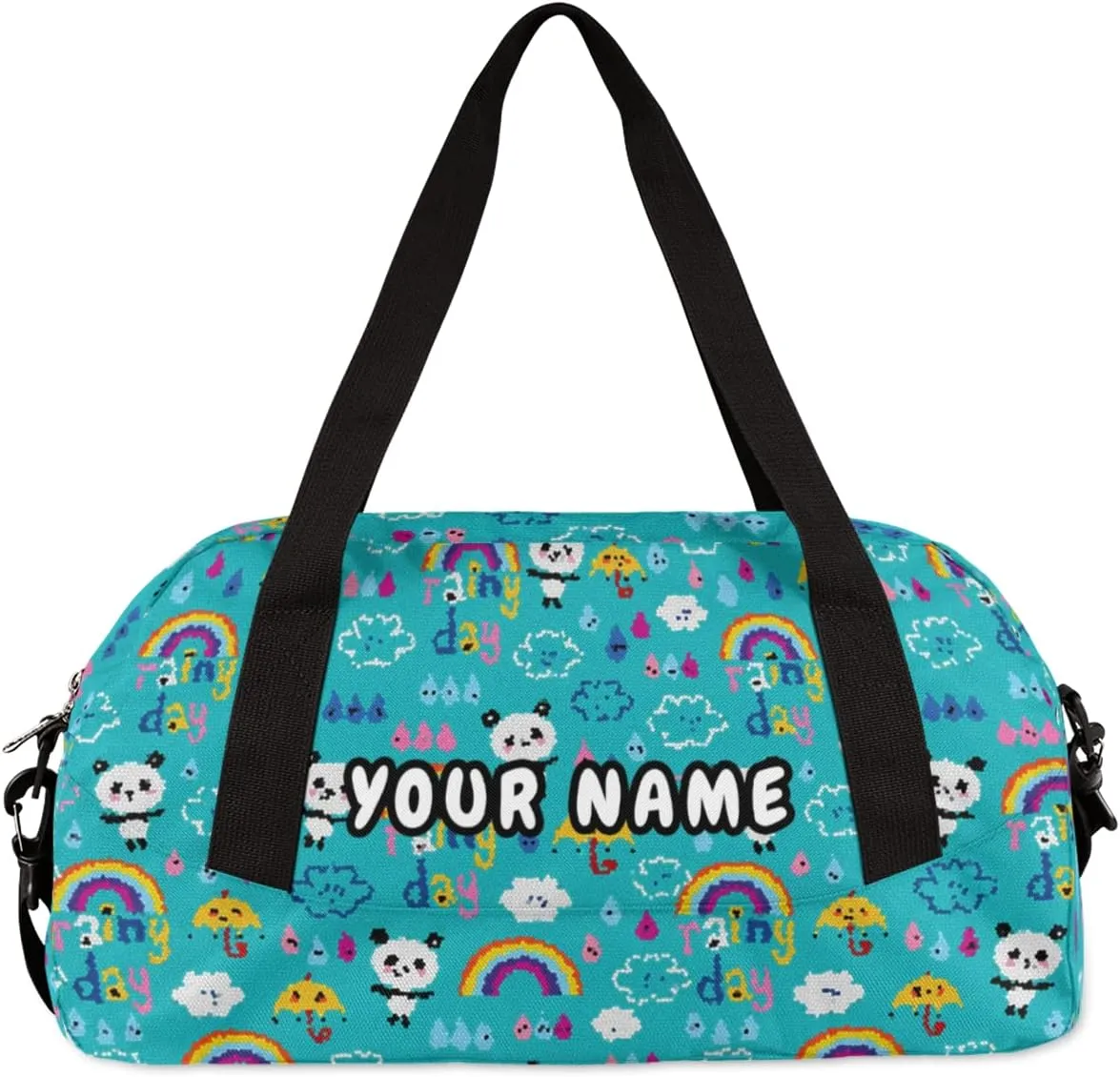 Rainbow Panda Bear Personalized Kids Duffel Bag for Girls Boys, Panda Debris Custom Name Dance Bag Overnight Small Duffel Bag Carry On Weekend Sports Travel Bag for School Practice Gymnastics Ballet