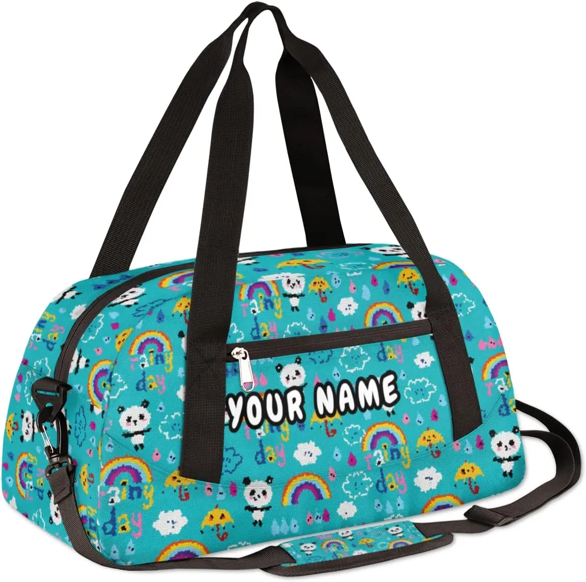 Rainbow Panda Bear Personalized Kids Duffel Bag for Girls Boys, Panda Debris Custom Name Dance Bag Overnight Small Duffel Bag Carry On Weekend Sports Travel Bag for School Practice Gymnastics Ballet