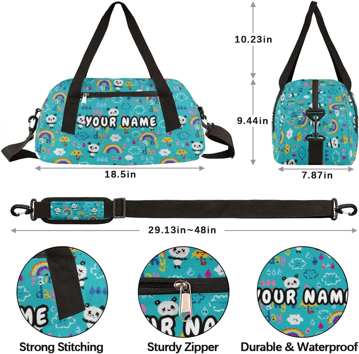 Rainbow Panda Bear Personalized Kids Duffel Bag for Girls Boys, Panda Debris Custom Name Dance Bag Overnight Small Duffel Bag Carry On Weekend Sports Travel Bag for School Practice Gymnastics Ballet
