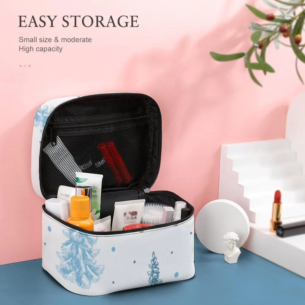 RASHU Blue Fir Tree Spruce Makeup Cosmetic Box Zipper Storage Bag Portable Toiletry Bag with Divider Tools Accessories Case Travelling Essentials Travel Organizer for Women