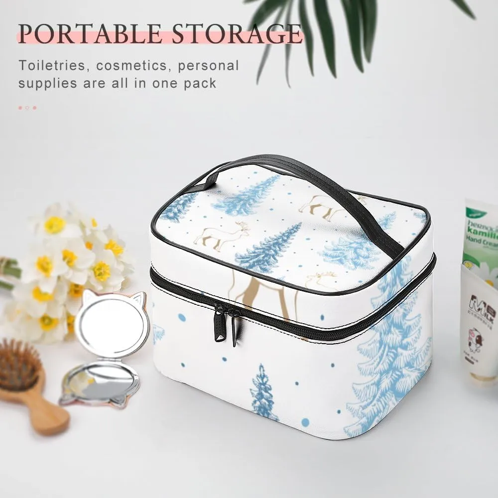 RASHU Blue Fir Tree Spruce Makeup Cosmetic Box Zipper Storage Bag Portable Toiletry Bag with Divider Tools Accessories Case Travelling Essentials Travel Organizer for Women