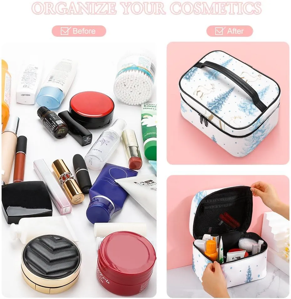 RASHU Blue Fir Tree Spruce Makeup Cosmetic Box Zipper Storage Bag Portable Toiletry Bag with Divider Tools Accessories Case Travelling Essentials Travel Organizer for Women