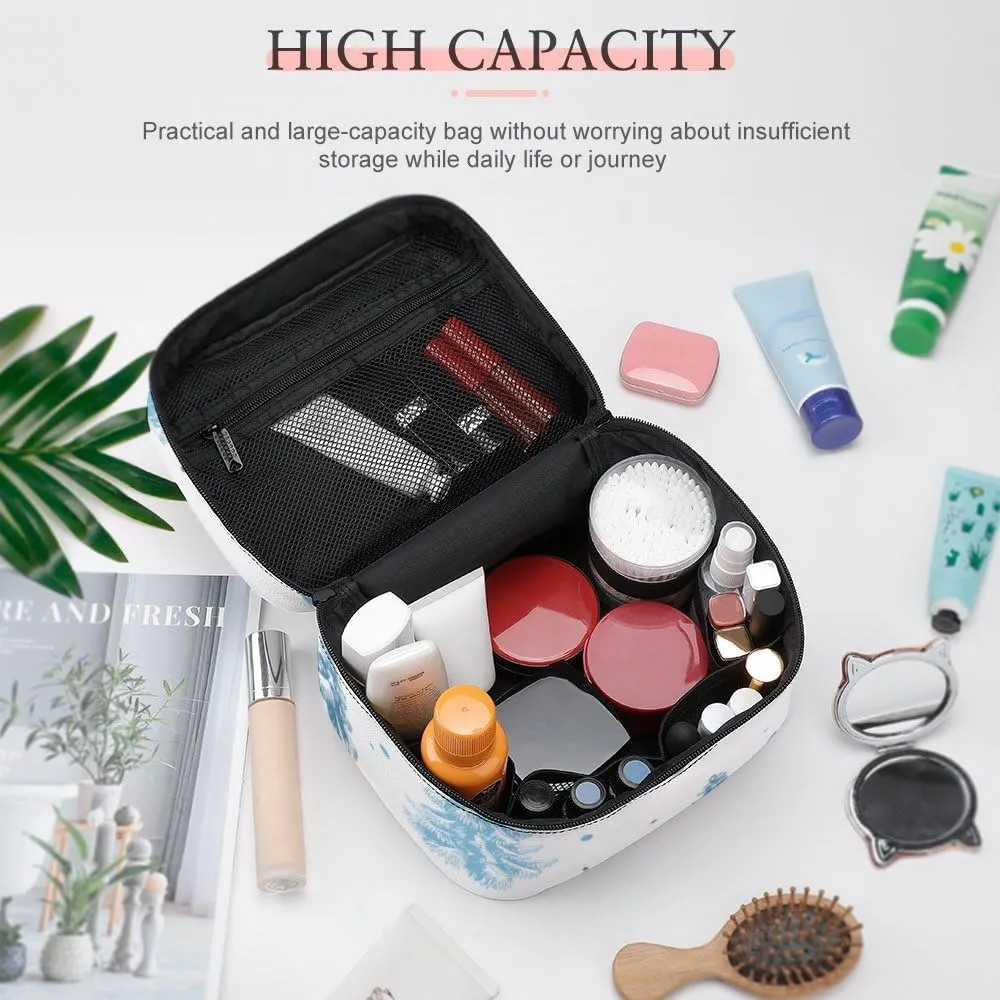 RASHU Blue Fir Tree Spruce Makeup Cosmetic Box Zipper Storage Bag Portable Toiletry Bag with Divider Tools Accessories Case Travelling Essentials Travel Organizer for Women