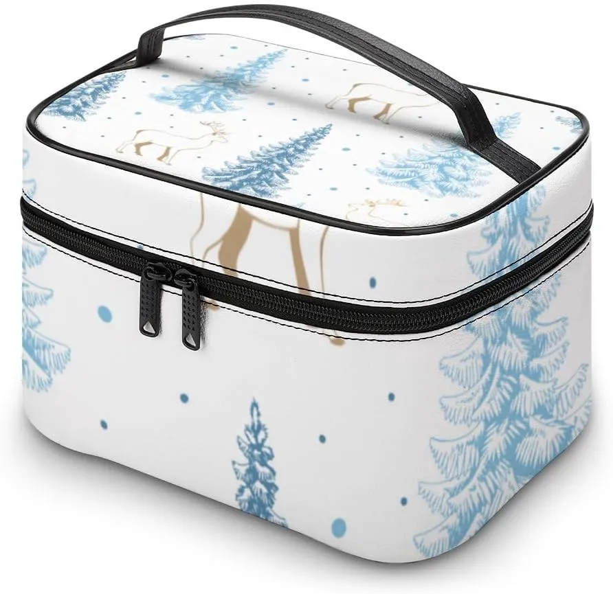 RASHU Blue Fir Tree Spruce Makeup Cosmetic Box Zipper Storage Bag Portable Toiletry Bag with Divider Tools Accessories Case Travelling Essentials Travel Organizer for Women