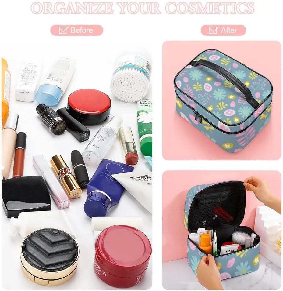 RASHU Easter Berry Egg Flower Leaves Makeup Cosmetic Box Zipper Storage Bag Portable Toiletry Bag with Divider Tools Accessories Case Travelling Essentials Travel Organizer for Women