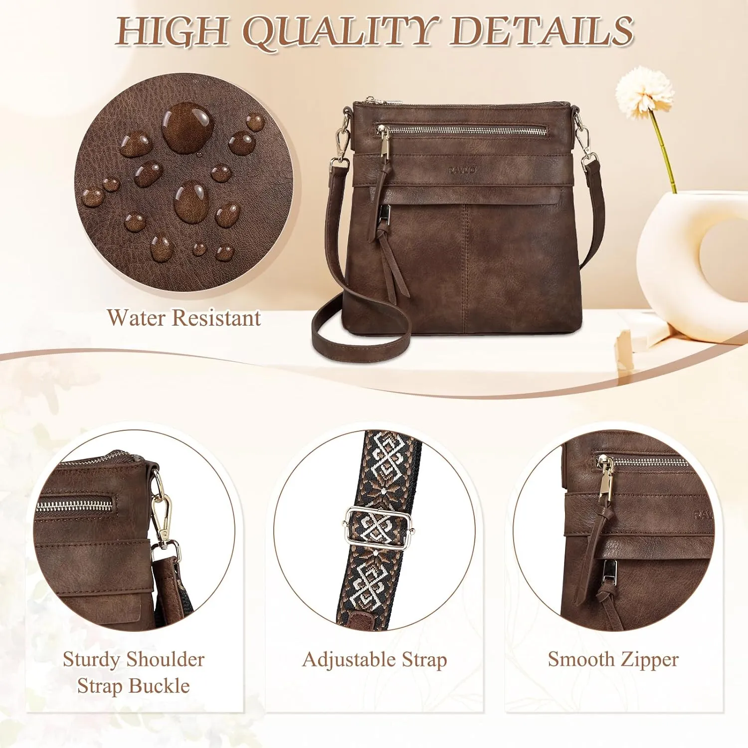 RAVUO Crossbody Bags for Women, Designer Soft Faux Leather Shoulder Purse Multi-Pocket Messenger Bag With 2 Adjustable Straps