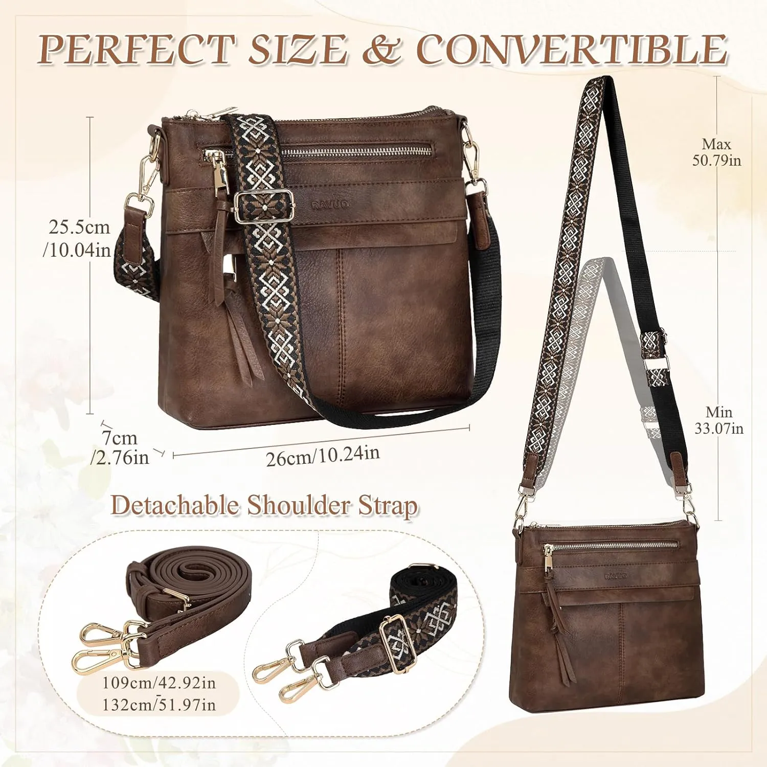 RAVUO Crossbody Bags for Women, Designer Soft Faux Leather Shoulder Purse Multi-Pocket Messenger Bag With 2 Adjustable Straps