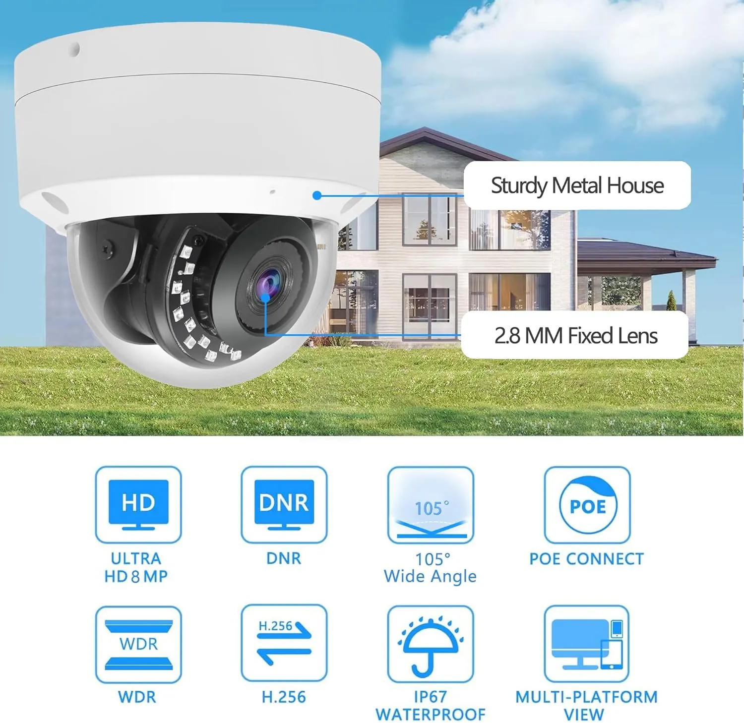 Real HD 4K 8MP PoE IP Vandal Dome PoE IP Camera Outdoor, 2.8mm Wide Angle 105° Fov, 98ft Night Vision, H.265, Compatible with Hik-Vision NVR, Blue Iris Through ONVlF Protocol