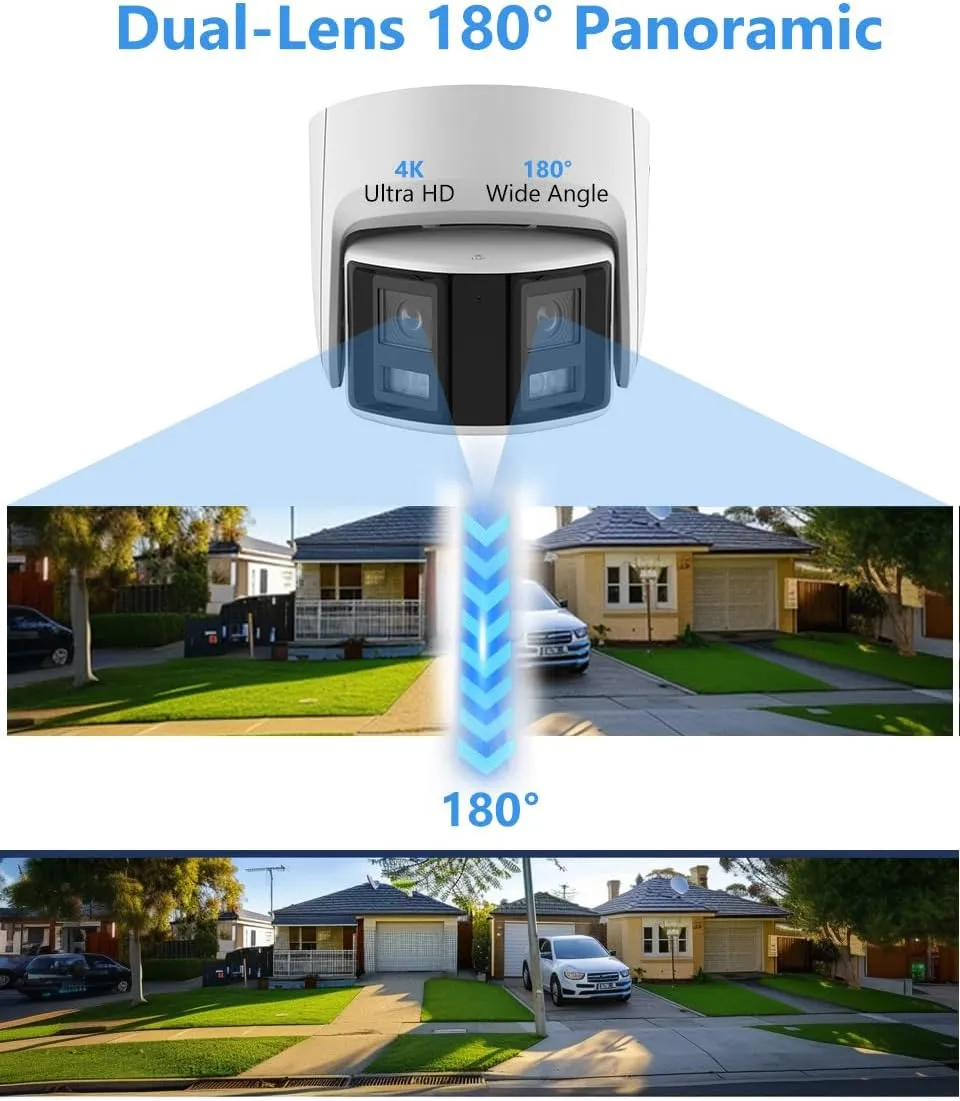 Real HD Acusense 4K 8MP Dual Lens Poe IP Security Camera Outdoor 180 Degree Panoramic Wide Angle, Plug and Play with Hik Vision NVR, 98ft IR, IP67, Built-in MicroSD Slot, Compatible with Blue Iris