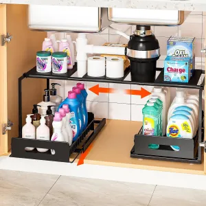 REALINN Extendable Under Sink Organizer, 2 Tier Pull Out Under Cabinet Organizer Shelf, Black Expandable Storage