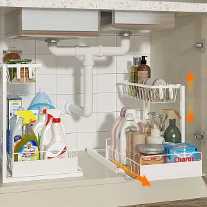 REALINN Under Sink Organizer, Height Adjustable Pull Out Cabinet Organizer, 2 Tier Under Sink Organizers and Storage for Kitchen Bathroom Laundry, White, 2 Pack