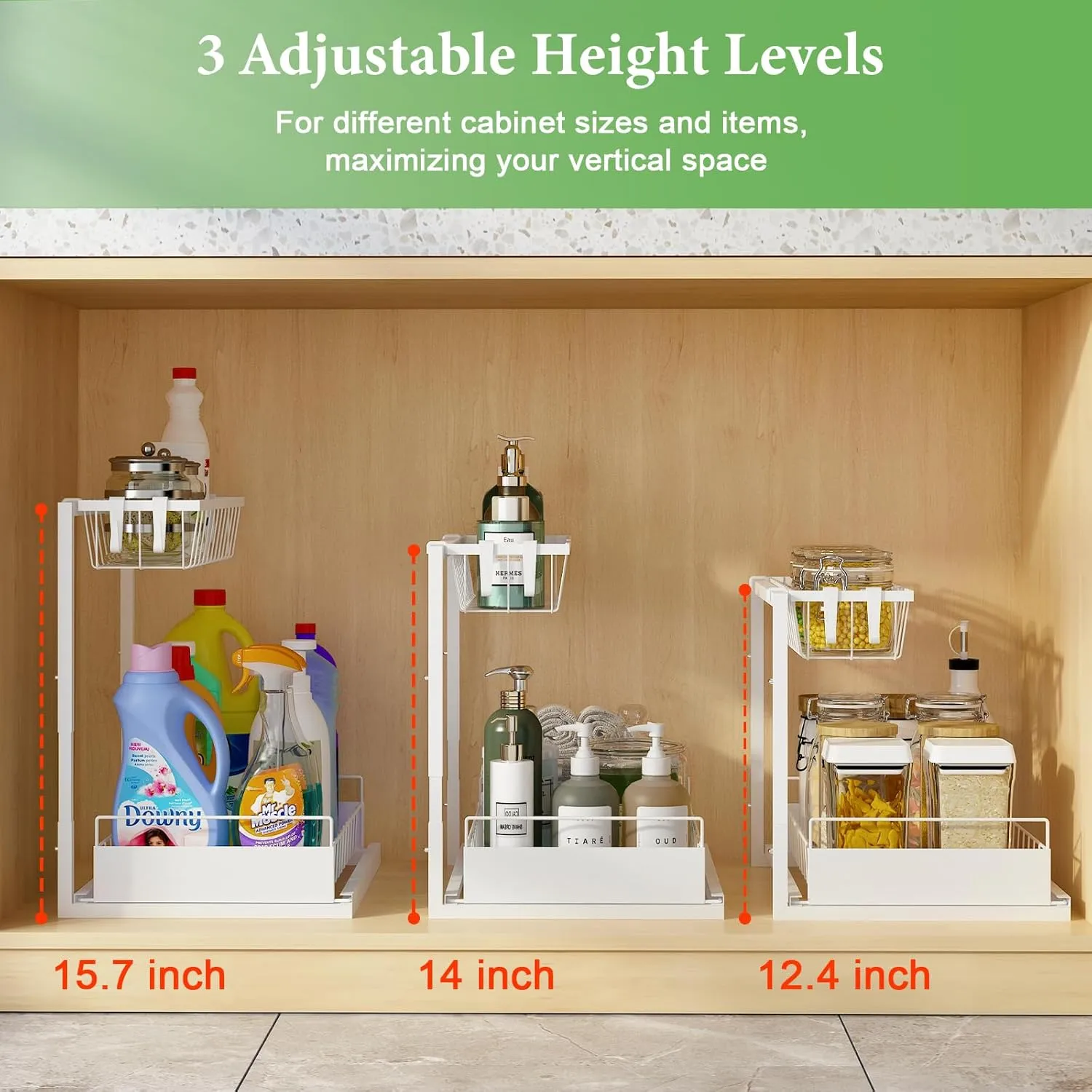 REALINN Under Sink Organizer, Height Adjustable Pull Out Cabinet Organizer, 2 Tier Under Sink Organizers and Storage for Kitchen Bathroom Laundry, White, 2 Pack