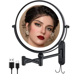 Rechargeable Wall Mounted Makeup Mirror, 8'' Adjustable Magnifying Mirror with Lights Double-Sided 1X/10X 360° Rotation Extension Bathroom Shaving Mirror with Foldable Arm
