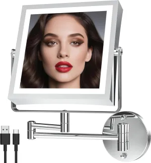 Rechargeable Wall Mounted Makeup Mirror with Lights, 4000mAh Double Sided 1X/10X Magnifying Vanity Mirror with 3 Color Lights, Touch Dimmable, 360° Extension Foldable Arm (Chrome