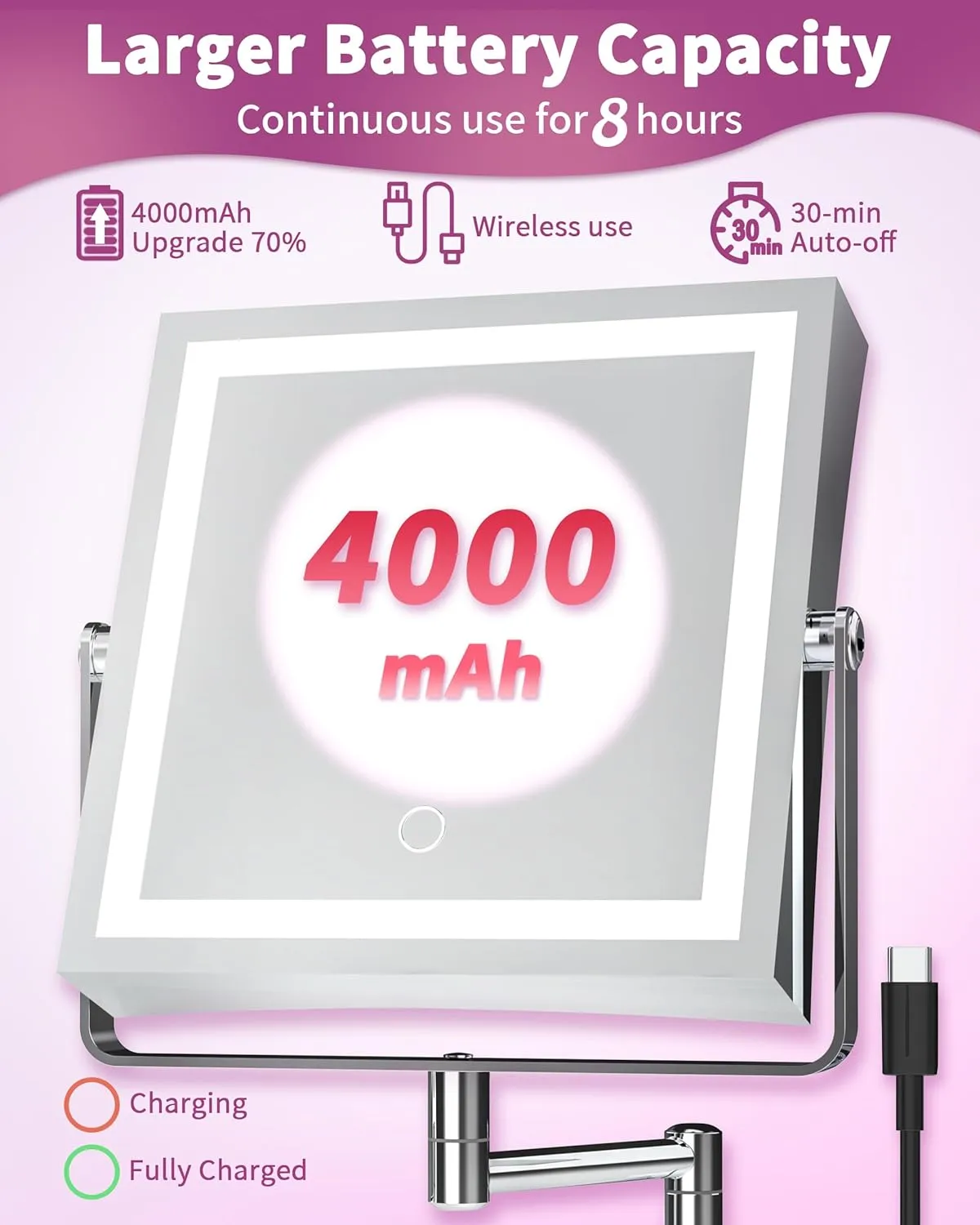 Rechargeable Wall Mounted Makeup Mirror with Lights, 4000mAh Double Sided 1X/10X Magnifying Vanity Mirror with 3 Color Lights, Touch Dimmable, 360° Extension Foldable Arm (Chrome