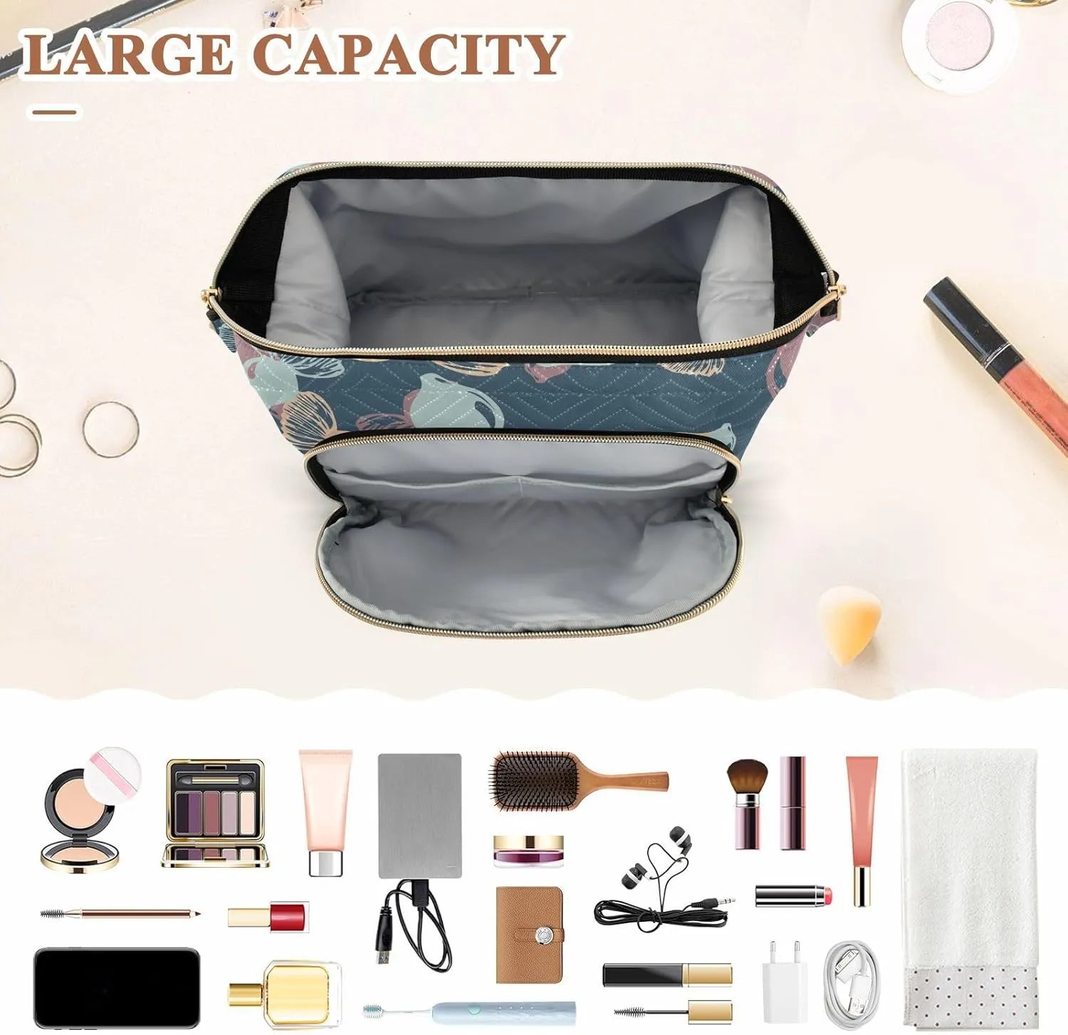 Rectangular Quilted Cosmetic Bag Spacious Travel Makeup Organizer Puffy Padding