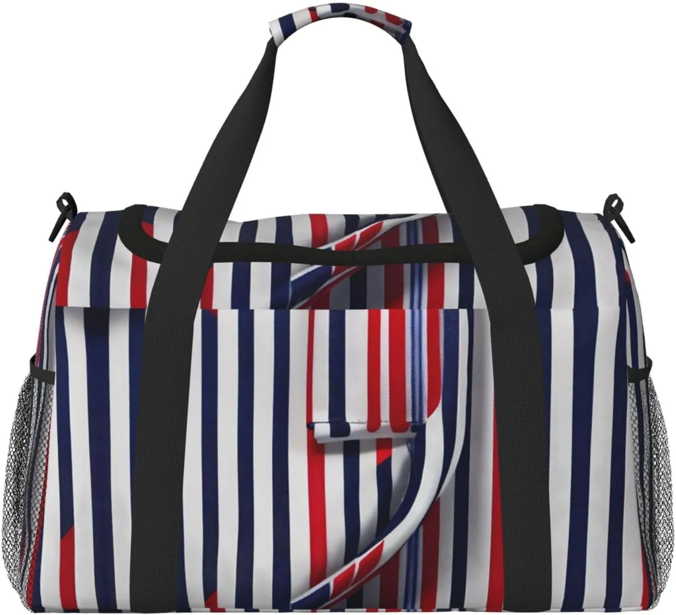 Red Blue White Gray Stripes Travel Tote Bag – Large Reusable Shopping Bag, Vacation Tote, Sports Duffel Bag with Adjustable Crossbody Strap