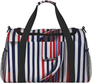 Red Blue White Gray Stripes Travel Tote Bag – Large Reusable Shopping Bag, Vacation Tote, Sports Duffel Bag with Adjustable Crossbody Strap