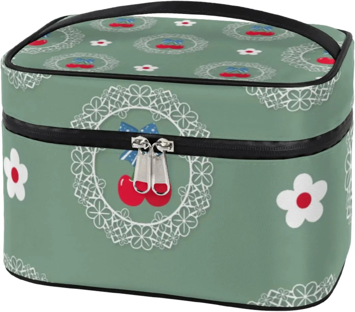 Red Cherries Pattern Makeup Bag Large Opening Cosmetic Bag Portable Makeup Case Organizer Toiletry Bags for Women Daily Traveling With Handle Grids Smooth Zipper Divider Makeup Pouch