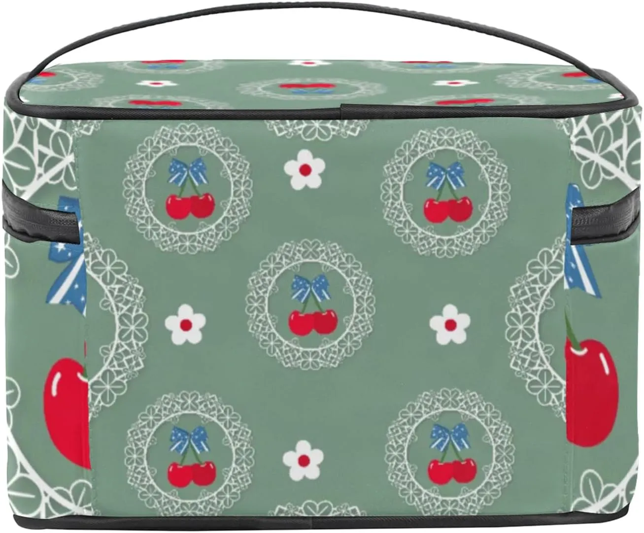 Red Cherries Pattern Makeup Bag Large Opening Cosmetic Bag Portable Makeup Case Organizer Toiletry Bags for Women Daily Traveling With Handle Grids Smooth Zipper Divider Makeup Pouch