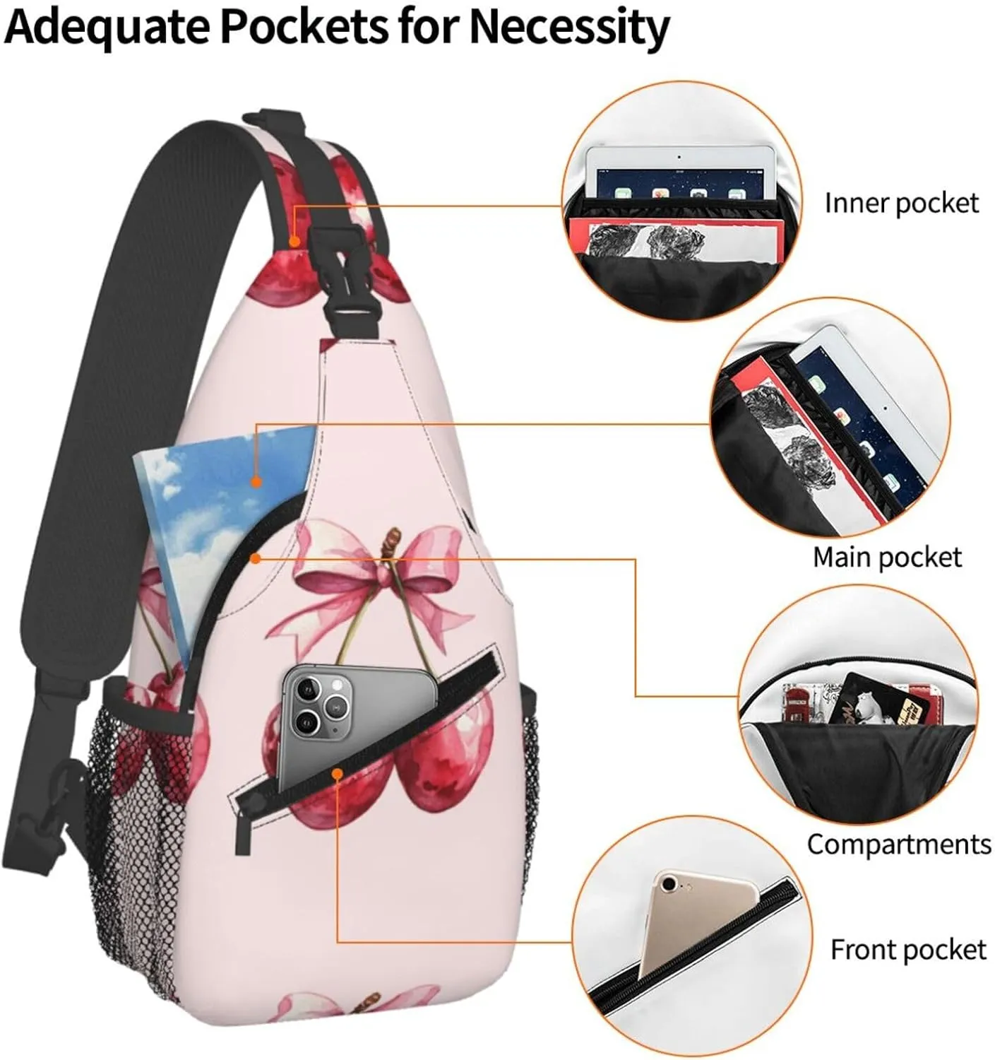 Red Cherry Pink Bow Poster For Girl Sling Bag For Men Crossbody Backpack,Women Shoulder Bag For Travel Sport