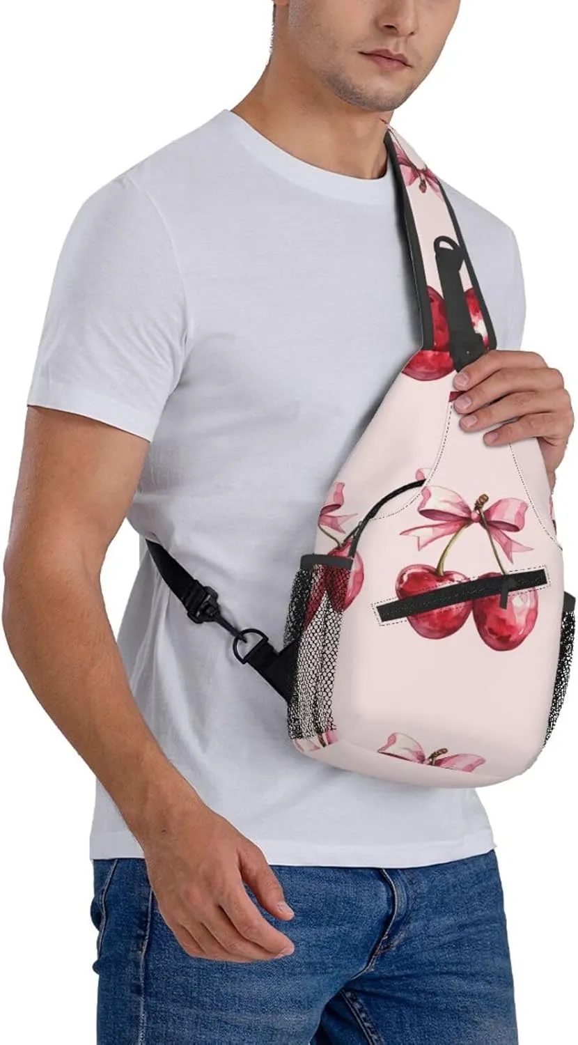 Red Cherry Pink Bow Poster For Girl Sling Bag For Men Crossbody Backpack,Women Shoulder Bag For Travel Sport