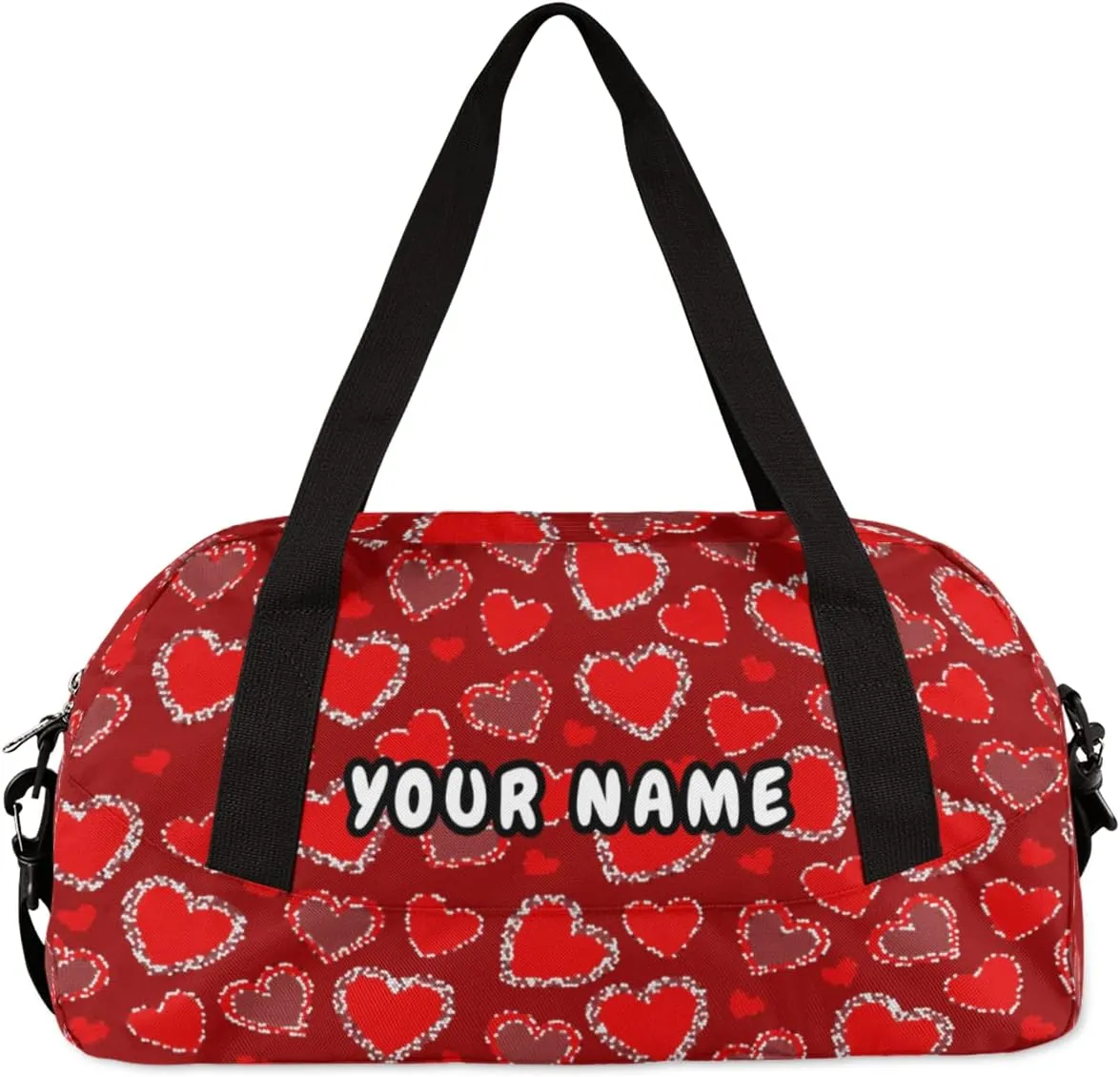 Red Heart Valentines Day Personalized Kids Duffel Bag for Girls, Heart Debris Custom Name Dance Bag Overnight Small Duffel Bag Carry On Weekend Sports Travel Bag for School Practice Gymnastics Ballet